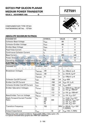 FZT591 datasheet - PNP SILICON PLANAR MEDIUM POWER TRANSISTOR