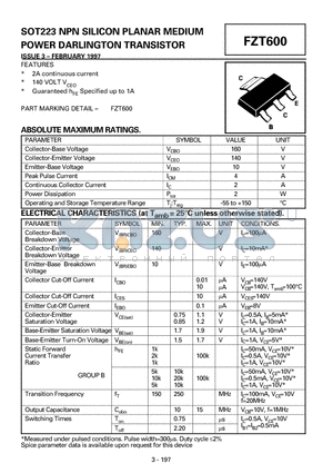 FZT600 datasheet - NPN SILICON PLANAR MEDIUM POWER DARLINGTON TRANSISTOR