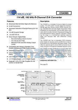 CS4365 datasheet - 114 dB, 192 kHz 6-Channel D/A Converter