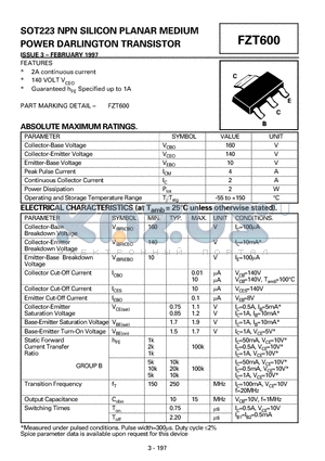 FZT600 datasheet - SOT223 NPN SILICON PLANAR MEDIUM POWER DARLINGTON TRANSISTOR