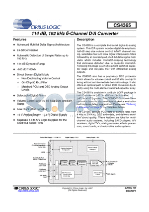 CS4365 datasheet - 114 dB, 192 kHz 6-Channel D/A Converter