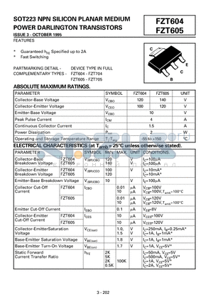 FZT605 datasheet - SOT223 NPN SILICON PLANAR MEDIUM POWER DARLINGTON TRANSISTORS