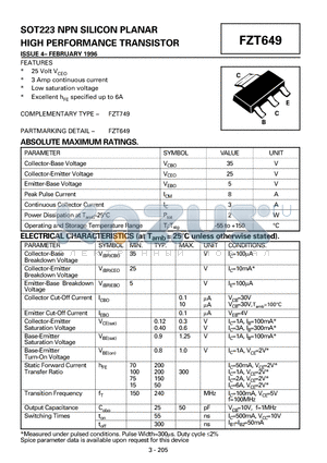 FZT649 datasheet - NPN SILICON PLANAR HIGH PERFORMANCE TRANSISTOR