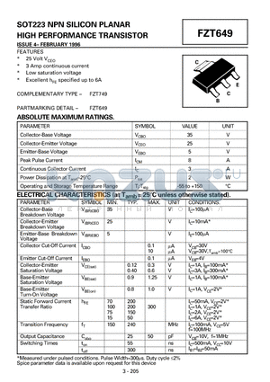 FZT649 datasheet - SOT223 NPN SILICON PLANAR HIGH PERFORMANCE TRANSISTOR