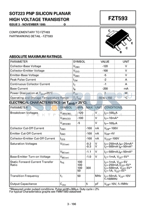 FZT593 datasheet - SOT223 PNP SILICON PLANAR HIGH VOLTAGE TRANSISTOR