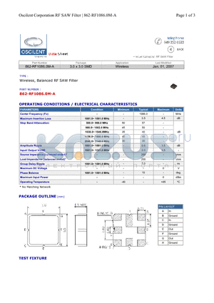 862-RF1086.0M-A datasheet - Wireless, Balanced RF SAW Filter