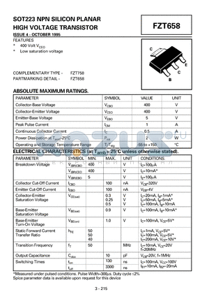 FZT658 datasheet - NPN SILICON PLANAR HIGH VOLTAGE TRANSISTOR
