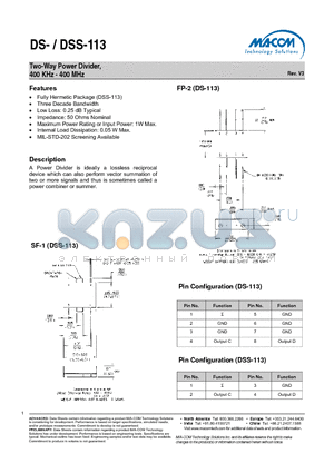 DS-113 datasheet - Two-Way Power Divider, 400 KHz - 400 MHz