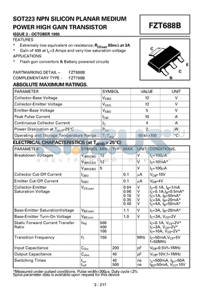 FZT688B datasheet - NPN SILICON PLANAR MEDIUM POWER HIGH GAIN TRANSISTOR