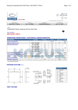 862-RF427.75M-A datasheet - CDMA450(E-Band), Balanced RF-Rx SAW Filter