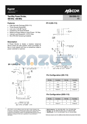DS-113PIN datasheet - Two-Way Power Divider, 400 KHz - 400 MHz