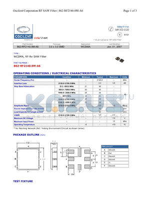 862-RF2140.0M-A6 datasheet - WCDMA, RF-Rx SAW Filter