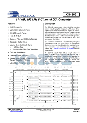 CS4382-KQZ datasheet - 114 dB, 192 kHz 8-Channel D/A Converter
