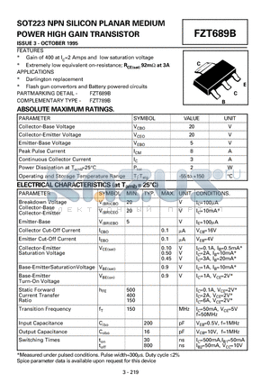 FZT689B datasheet - SOT223 NPN SILICON PLANAR MEDIUM