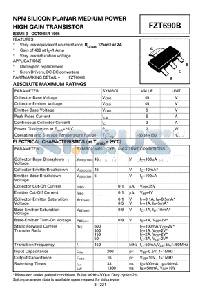 FZT690B datasheet - NPN SILICON PLANAR MEDIUM POWER HIGH GAIN TRANSISTOR