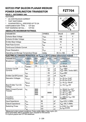 FZT704 datasheet - SOT223 PNP SILICON PLANAR MEDIUM POWER DARLINGTON TRANSISTOR