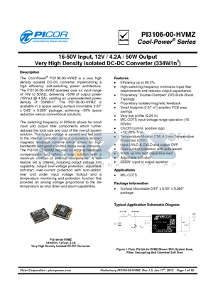 32785 datasheet - 16-50V Input, 12V / 4.2A / 50W Output Very High Density Isolated DC-DC Converter (334W/in3)