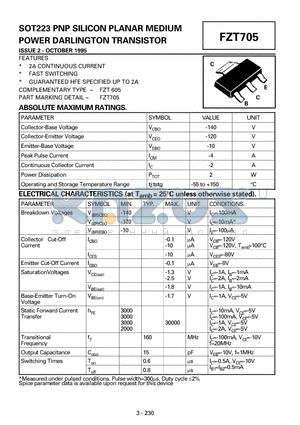 FZT705 datasheet - SOT223 PNP SILICON PLANAR MEDIUM POWER DARLINGTON TRANSISTOR