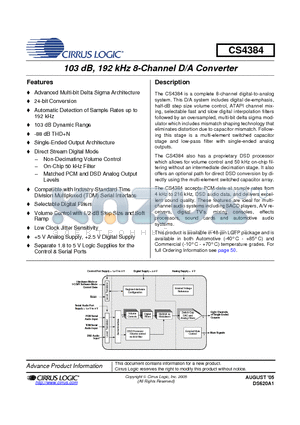 CS4384-CQZ datasheet - 103 dB, 192 kHz 8-Channel D/A Converter