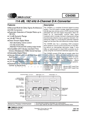 CS4385 datasheet - 114 dB, 192kHz 8-CHANNEL D/A CONVERTER