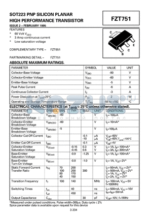 FZT751 datasheet - PNP SILICON PLANAR HIGH PERFORMANCE TRANSISTOR