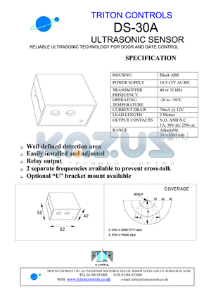 DS-30A datasheet - RELIABLE ULTRASONIC TECHNOLOGY FOR DOOR AND GATE CONTROL SENSOR