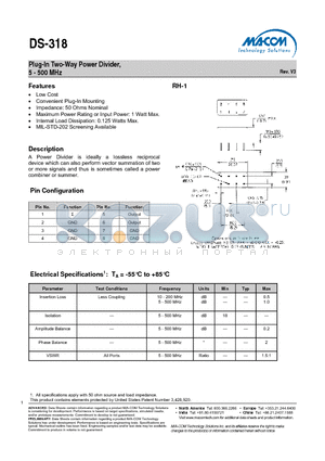 DS-318 datasheet - Plug-In Two-Way Power Divider, 5 - 500 MHz