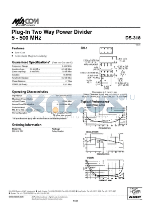 DS-318PIN datasheet - Plug-In Two Way Power Divider 5 - 500 MHz