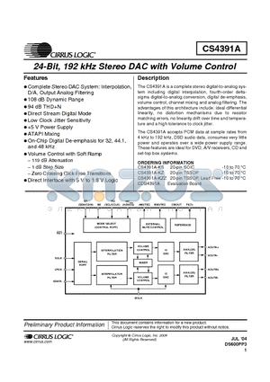 CS4391A-KZZ datasheet - 24-BIT, 192 kHz STEREO DAC WITH VOLUME CONTROL