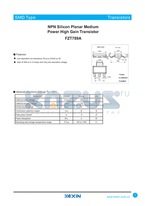 FZT789A datasheet - NPN Silicon Planar Medium Power High Gain Transistor