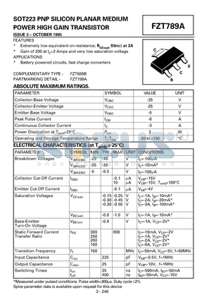 FZT789A-PNP datasheet - PNP SILICON PLANAR MEDIUM POWER HIGH GAIN TRANSISTOR