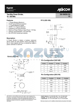 DS-319PIN datasheet - Two-Way Power Divider, 10 - 500MHz