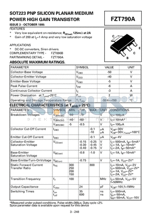 FZT790A datasheet - PNP SILICON PLANAR MEDIUM POWER HIGH GAIN TRANSISTOR