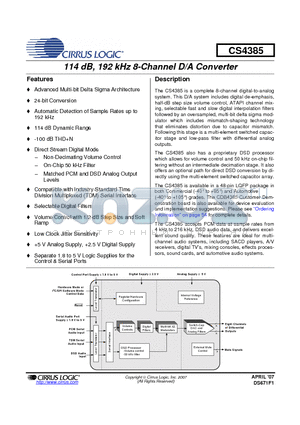 CS4385_07 datasheet - 114 dB, 192 kHz 8-Channel D/A Converter