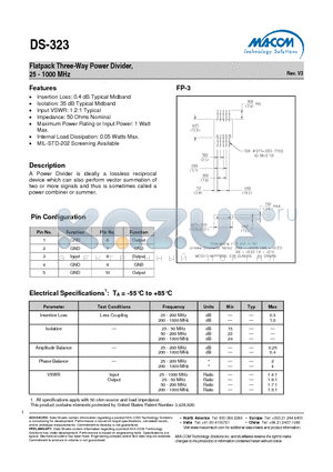 DS-323 datasheet - Flatpack Three-Way Power Divider, 25 - 1000 MHz