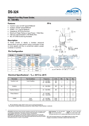 DS-324 datasheet - Flatpack Four-Way Power Divider, 25 - 1000 MHz