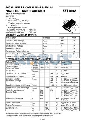 FZT796A datasheet - PNP SILICON PLANAR MEDIUM POWER HIGH GAIN TRANSISTOR