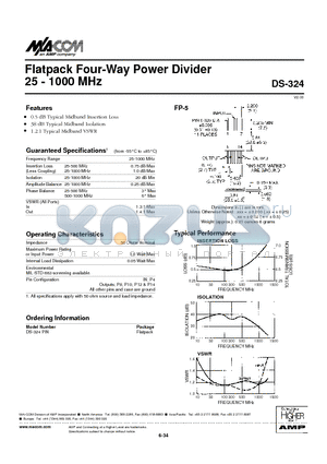 DS-324PIN datasheet - Flatpack Four-Way Power Divider 25 - 1000 MHz