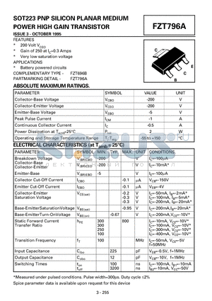 FZT796A datasheet - SOT223 PNP SILICON PLANAR MEDIUM