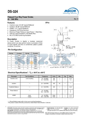 DS-324PIN datasheet - Flatpack Four-Way Power Divider, 25 - 1000 MHz