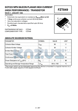 FZT849 datasheet - NPN SILICON PLANAR HIGH CURRENT (HIGH PERFORMANCE) TRANSISTOR