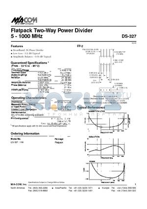 DS-327 datasheet - Flatpack Two-Way Power Divider 5 - 1000 MHz