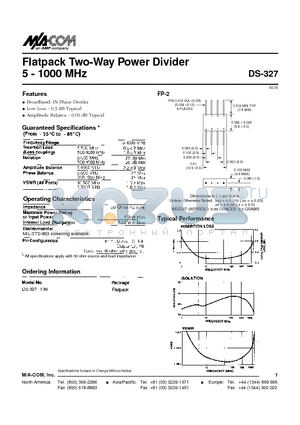 DS-327PIN datasheet - Flatpack Two-Way Power Divider 5 - 1000 MHz