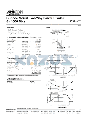 DS-327PIN datasheet - Surface Mount Two-Way Power Divider 5 - 1000 MHz
