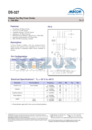 DS-327PIN datasheet - Flatpack Two-Way Power Divider, 5 - 1000 MHz