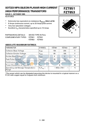 FZT851 datasheet - NPN SILICON PLANAR HIGH CURRENT (HIGH PERFORMANCE) TRANSISTORS
