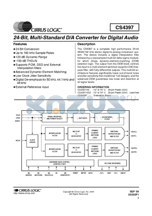 CS4397-KS datasheet - 24-Bit, Multi-Standard D/A Converter for Digital Audio