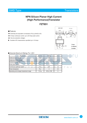 FZT851 datasheet - NPN Silicon Planar High Current (High Performance)Transistor