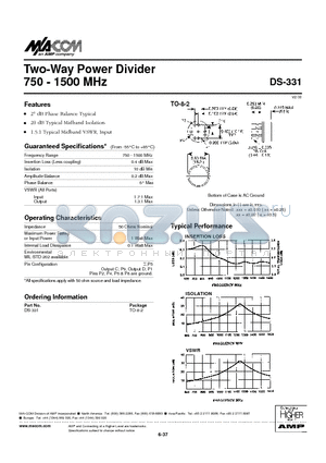 DS-331 datasheet - Two-Way Power Divider 750 - 1500 MHz
