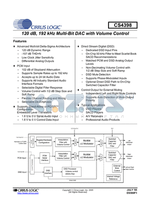 CS4398 datasheet - 120 dB, 192 kHz Multi-Bit DAC with Volume Control